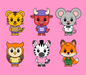 A collection of six cute, stylized cartoon animals including a tiger, bull, mouse, owl, zebra, and fox, all wearing clothes on a pink background.
