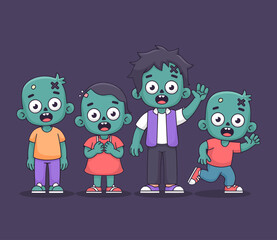 Illustration of a group of cartoon zombies with green skin and various outfits, standing together.