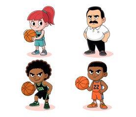 Set of four illustrated basketball characters: a girl, two boys, and a male coach, isolated on a white background.