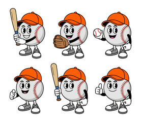 A set of six cartoon baseball characters in various poses, each holding a bat, glove, or ball, and wearing an orange cap.
