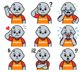 Grey dolphin mascot character displaying a range of negative emotions and confused states in nine different poses.