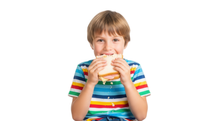 Happy young boy eating a sandwich isolated on transparent background