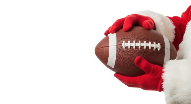 American football ball in Santa Claus hands on the right, copy space in the center against white background, minimalist art sport and Christmas,  New Year 2026, Christmas sports banner