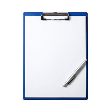 Detailed shot of a blue clipboard with a blank white paper and a silver pen, presenting an empty workspace, positioned on a solid black background, showcasing an isolated and simple composition.