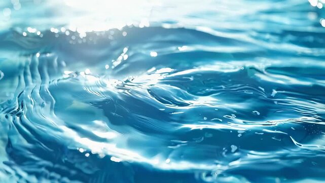 Close up abstract view of shimmering blue ocean water surface with bright sunlight reflecting brilliantly