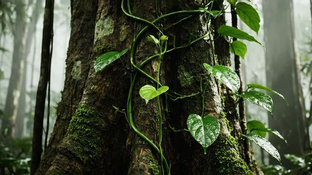 A tenacious vine slowly grows and winds around a tree in the humid rainforest, a compelling growth timelapse pristine, intertwined, tropical
