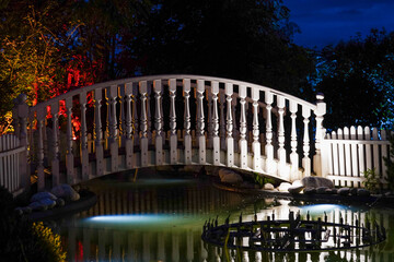a bridge in the park over a pond illuminated with colored lights