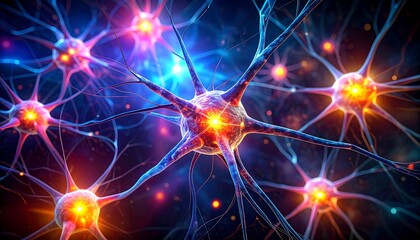 Vivid artistic depiction of interconnected neuron cells, glowing with vibrant energy, in a network within the human brain