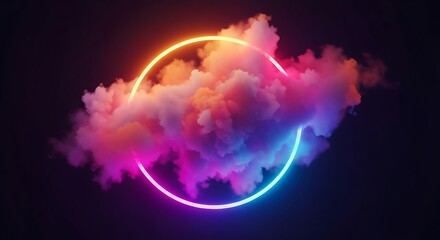Abstract background with glowing neon circle and colorful smoke clouds