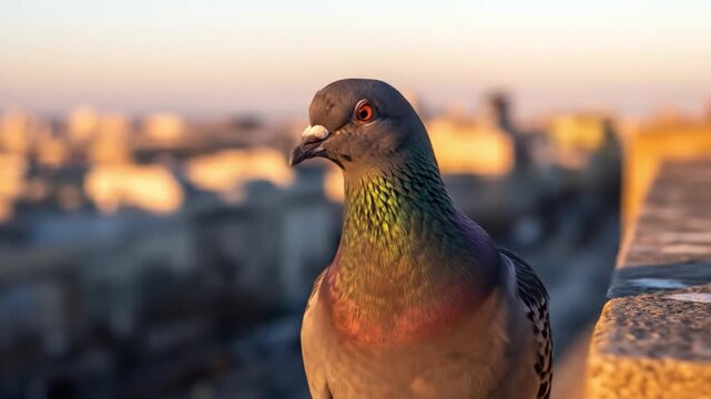 A pigeon perches atop a wall with a blurred city background under a soft sunrise