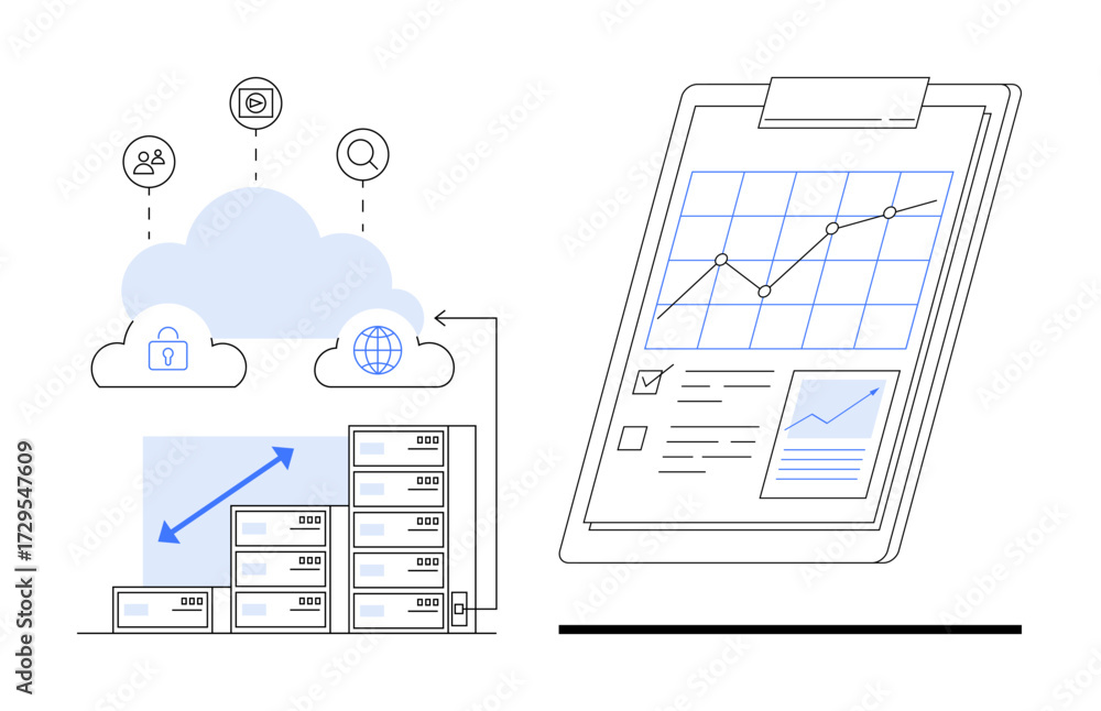 Poster cloud storage, servers, secure access, analytics chart on clipboard, and global network. ideal for c