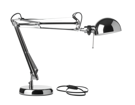 Polished chrome desk lamp is set against a black background, with a reflective finish that creates a modern aesthetic; the articulated arm allows for adjustable positioning and the design evokes a...