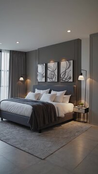 Modern bedroom with gray walls and stylish decor elements  