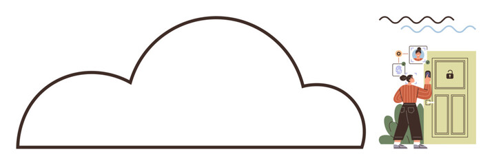 Person accessing secure door with lock using cloud platform and digital login credentials. Ideal for cybersecurity, access control, secure login, data storage, authentication, privacy, simple flat