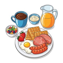 Cartoon illustration of a full breakfast with eggs, sausage, ham,