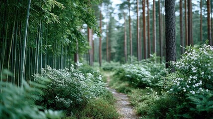 Lush Bamboo Forest with Stalks and Greenery in a Natural Setting with a Path and Tall Trees