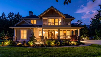 Luxurious home at twilight, lit windows