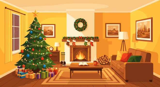 Cozy christmas living room with decorated tree and fireplace