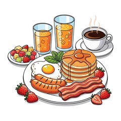 Complete American breakfast with pancakes, eggs, bacon, and coffee