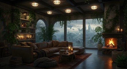 Fototapeta premium Luxurious indoor lounge with large windows and stylish furniture overlooking a cityscape.