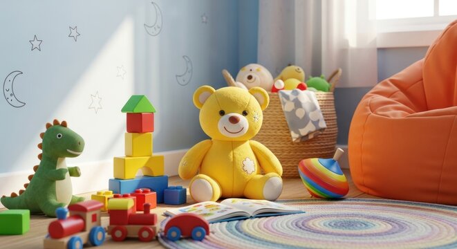 Playroom scene featuring various children's toys, including a teddy bear, wooden blocks, a toy train, and a dinosaur plushie, with a beanbag chair, basket full of plush toys, and a spinning top,... - Powered by Adobe