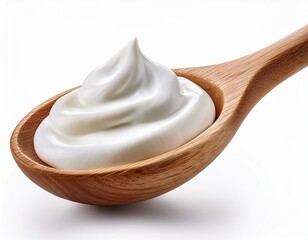 sour cream in the wooden spoon isolated on white background