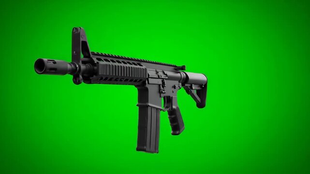Modern tactical rifle isolated on a vibrant green background, ready for compositing.