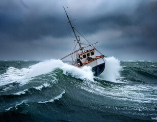 Obraz premium a small fishing boat battles through monstrous waves and turbulent wind swept rain creating a high stakes disaster the boat appears overwhelmed by the sheer power of the sea