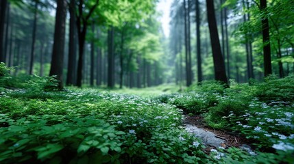 Obraz premium Lush Green Forest Floor with Wildflowers and Sunlight Filtering Through Tall Trees in Woodland Creating Serene Nature Scene