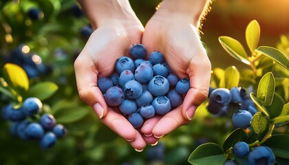hand holding freshly picked blueberries organic farming and fresh produce