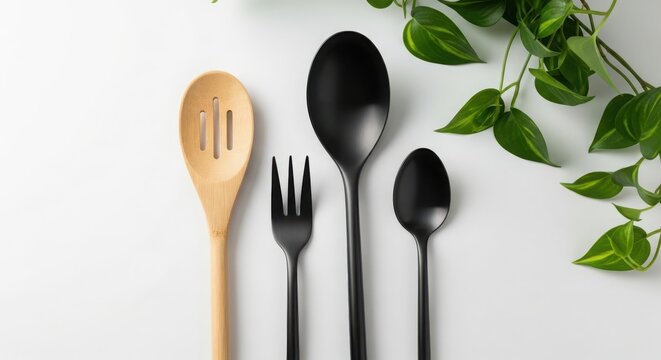 Wooden spoon and black cutlery set with green plant leaves, isolated on white background