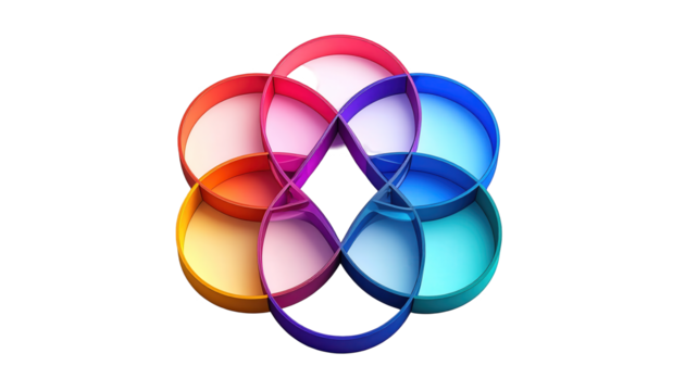 Colorful geometric shapes with layered and intersecting curves, forming an abstract visual composition.