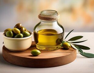 olives on wood podium with olive oil small opened jar