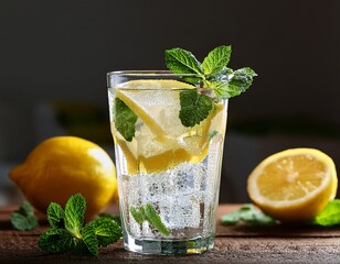 lemon mint sparkling water with ice in clear glass