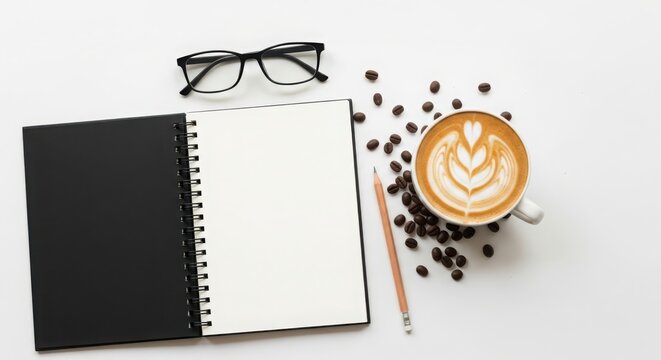 Open notebook with blank pages, glasses, coffee beans, and a pencil on a white background