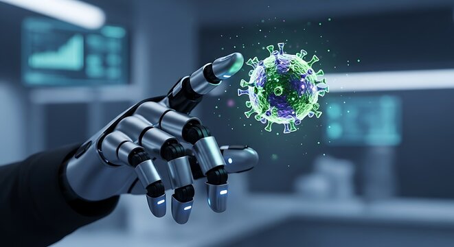 Robotic hand interacting with glowing futuristic digital globe of data and technology - Powered by Adobe