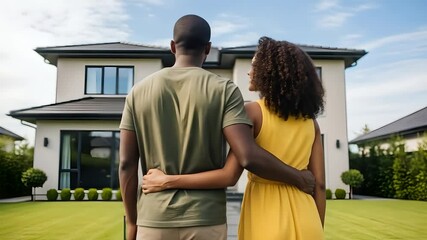Couple embrace, dreaming by new house. African Americans in front of modern home with yard, success, property investment, family dream, love, relationship, and real estate concepts. - Powered by Adobe