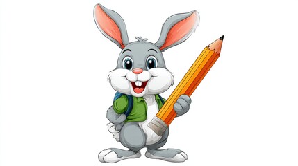 A cheerful cartoon bunny with a backpack and pencil, set against a plain white background, looking friendly