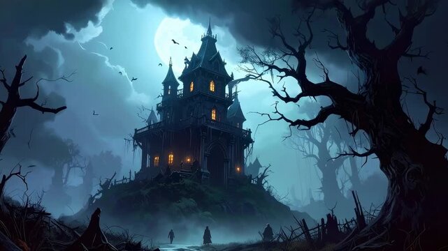 Spooky haunted mansion sits upon a hill under a massive full moon shrouded in mist