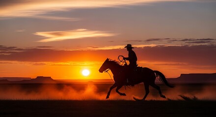 Silhouette of a lone cowboy riding a horse against a vibrant sunset sky outdoors