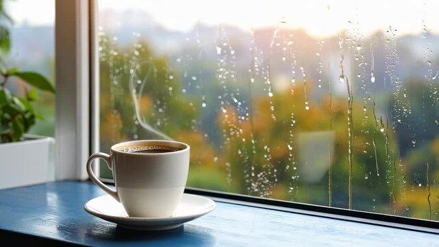Steaming hot cup of fresh morning coffee rests near a window showing a rainy autumn day outside.