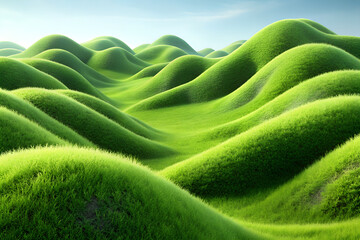 Rolling green hills under a bright blue sky, a surreal landscape with soft, undulating mounds of grass