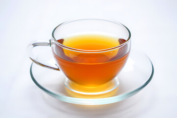 A clear glass cup filled with ambercolored tea, sitting on a matching saucer, isolated on white background, showcasing its clarity