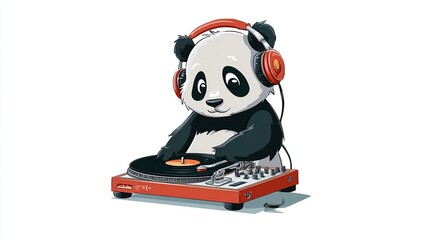 Cartoon panda wearing headphones, DJing at a turntable