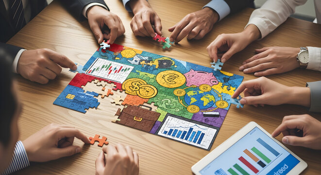 Business team collaborates to solve a colorful puzzle with financial symbols, charts, and graphs, representing teamwork, strategy, problem-solving, and creative approaches to achieving business goals. - Powered by Adobe