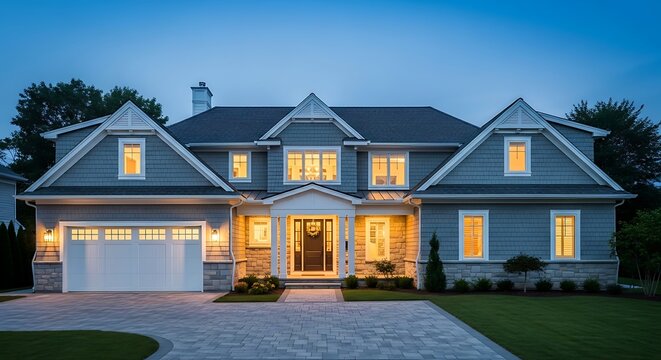 Luxury home exterior with lit windows at twilight