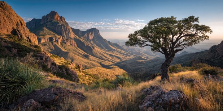 A sun-drenched vista of rugged mountains and a lone tree, bathed in the warm light of sunrise. - Powered by Adobe