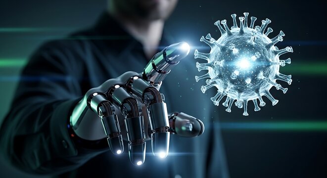 Robotic hand interacting with futuristic digital coronavirus model in advanced scientific research