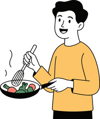 Vector art of a cheerful man is cooking vegetables in a pan, stirring with a spatula, showcasing a healthy lifestyle and culinary skills