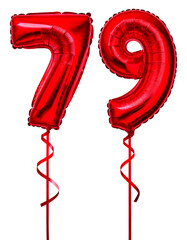 数字の79の形の赤色の風船とリボン（Number 79 red foil balloon on white background）
